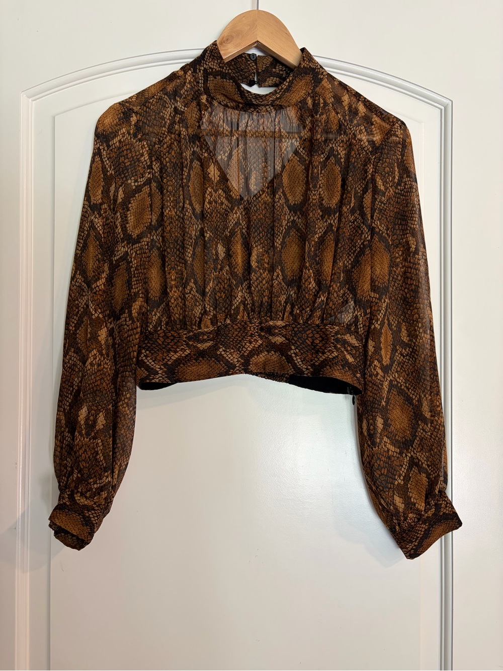 Zara Women’s Brown Snake-Print Mock Neck Long Sleeve Blouse Sheer Top Size S